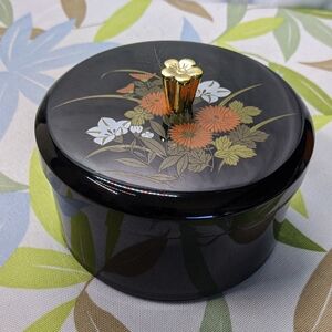 Japan Vintage Lidded Trinket/Dresser Box, Black W/ Chrysanthemum Floral Design